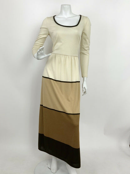 VTG 60s 70s CREAM BROWN GOLD COLOUR BLOCK FOLK BOHO MAXI DRESS 12 14