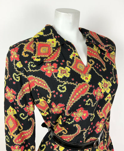 VTG 60s 70s BLACK RED YELLOW ORANGE AZTEC FLORAL BELTED WING COLLAR DRESS 12 14