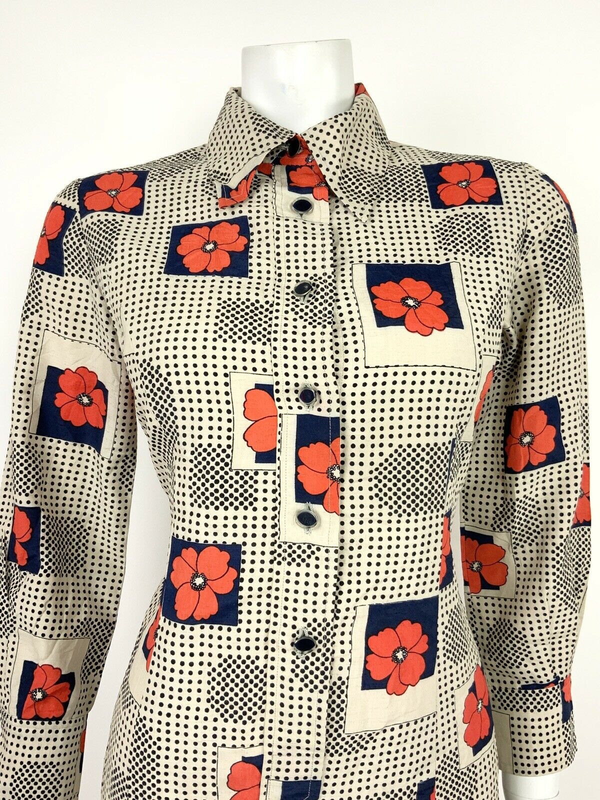 VINTAGE 60s 70s BEIGE BLACK BLUE RED FLORAL POPPY POLKA DOT SHIRT DRESS 10 12