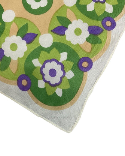 VINTAGE 60s 70s GREEN BEIGE PURPLE SPOTTY FLOWER MOD SILK SQUARE SCARF