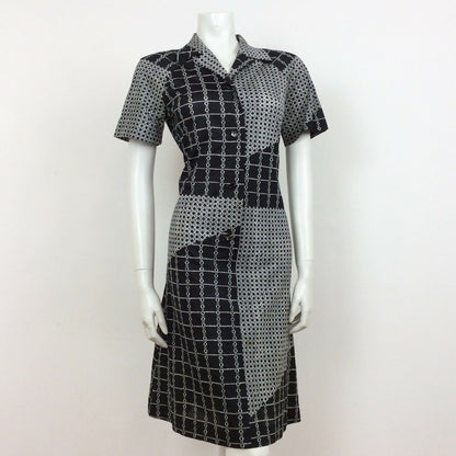 70S VINTAGE BLACK WHITE CHAIN LINK CHECK PATTERN MIDI DRESS 12