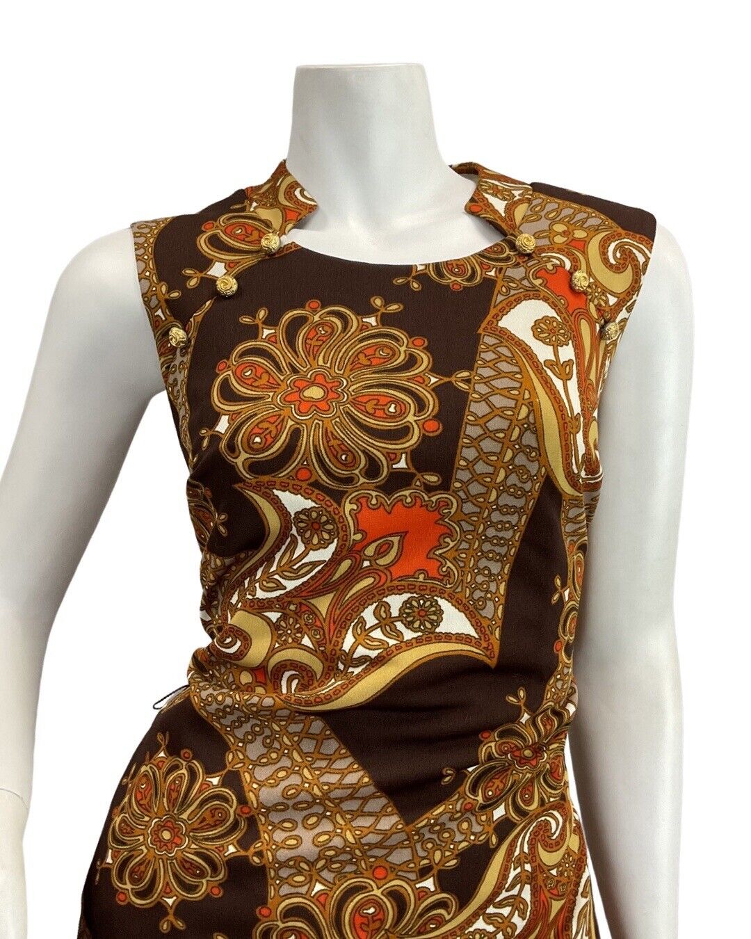 VTG 60s 70s BROWN ORANGE EIGE PSYCHEDELIC FLORAL MOD SLEEVELESS MAXI DRESS 10 12