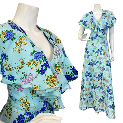 VINTAGE 60s 70s BLUE GREEN PINK DITSY FLOWER CAPE SLEEVE SUMMER MAXI DRESS 8 10