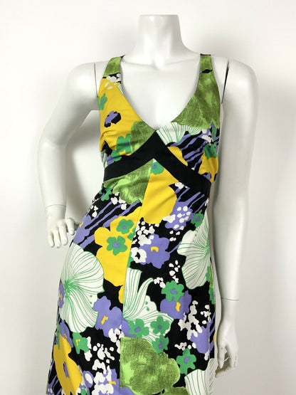 VINTAGE 60s 70s BLACK GREEN YELLOW LILAC FLORAL PSYCHEDELIC MAXI DRESS 10 12