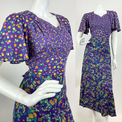 VINTAGE 60s 70s PURPLE PINK GREEN FLORAL DITSY CAPE SLEEVE MOD MAXI DRESS 10 12