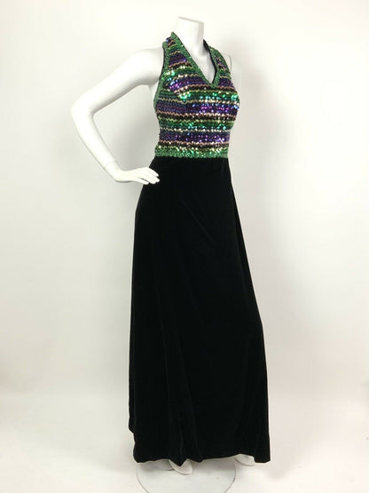 VTG 60s 70s BLACK VELVET GREEN PURPLE GOLD SEQUIN DISCO HALTER MAXI DRESS 10 12