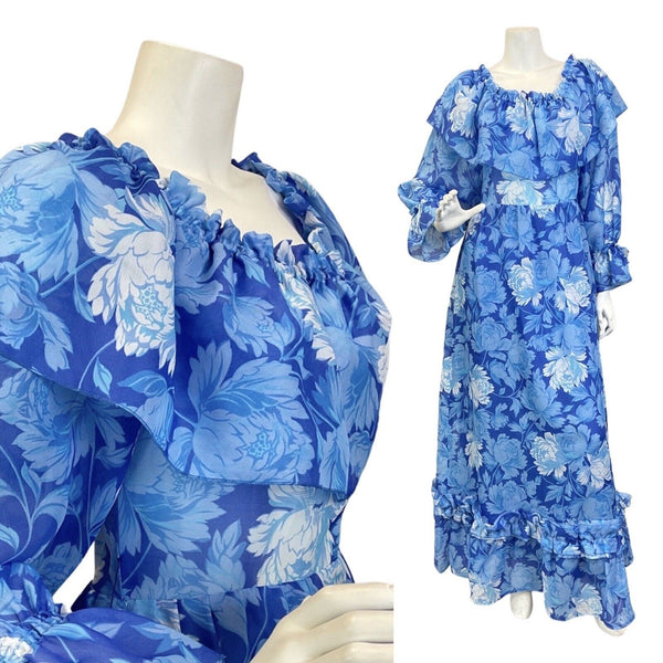 VINTAGE 60s 70s BLUE WHITE PSYCHEDELIC FLORAL RUFFLED PRAIRIE BOHO MAXI DRESS 8