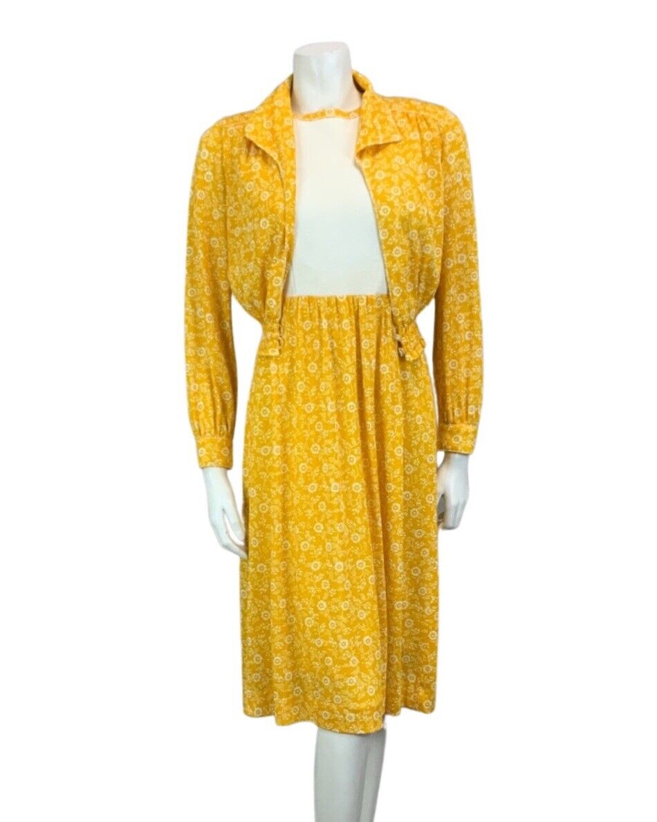 VTG MUSTARD YELLOW WHITE FLORAL PRINT TWO PIECE JACKET DRESS 60s 70s 10