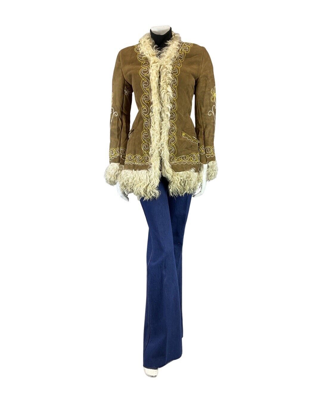 VTG 60s 70s BROWN YELLOW EMBROIDERED FLORAL BOHO PENNY LANE SHEARLING COAT 8 10