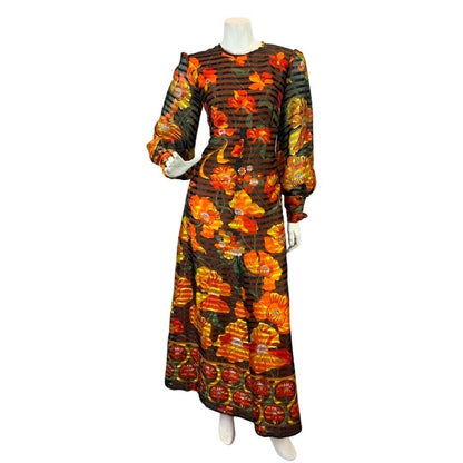 VINTAGE 60s 70s BLACK ORANGE RED SHEER STRIPED FLORAL MOD PSYCH MAXI DRESS 10