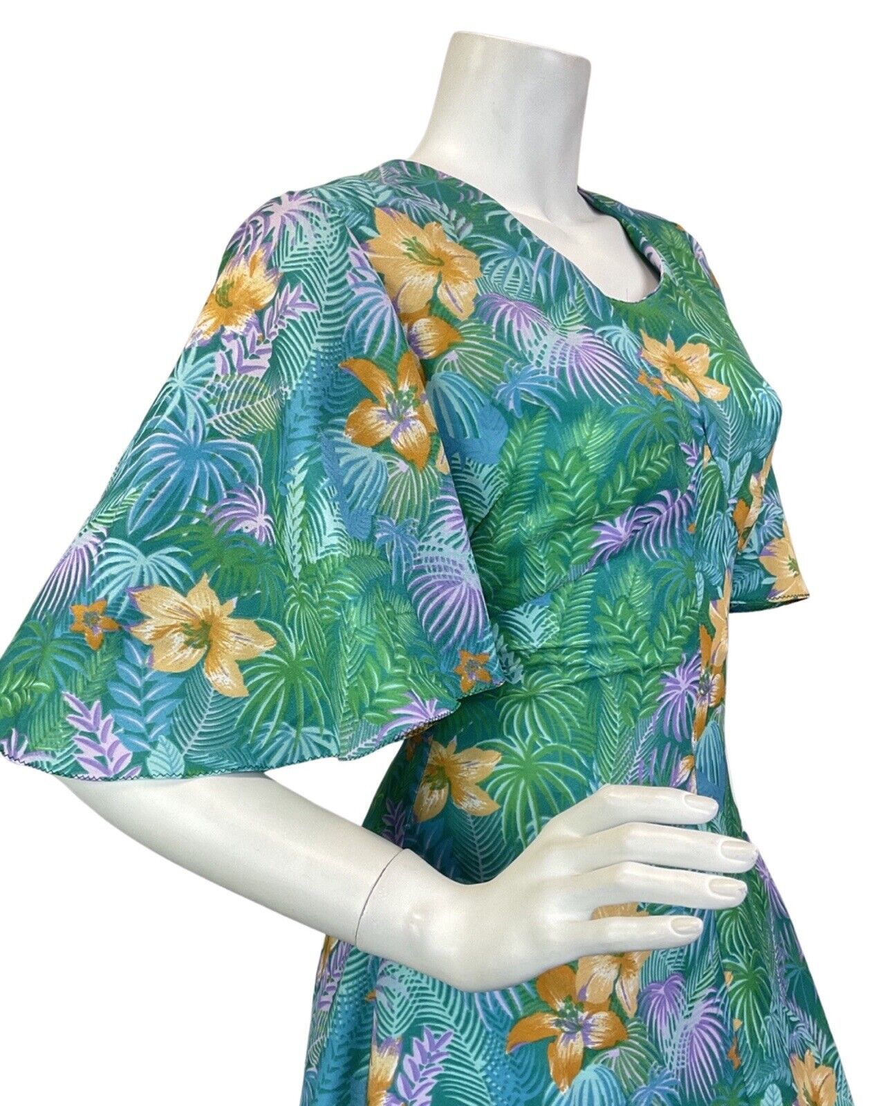 VTG 60s 70s GREEN BLUE YELLOW HAWAIIAN FLORAL PALM LEAVES TROPICAL MAXI DRESS 10