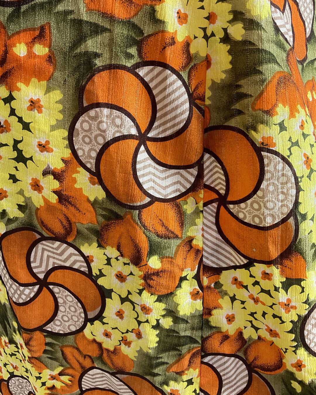 VINTAGE 60s 70s ORANGE YELLOW GREEN PSYCHEDELIC FLORAL SPIRAL MOD MAXI DRESS 12