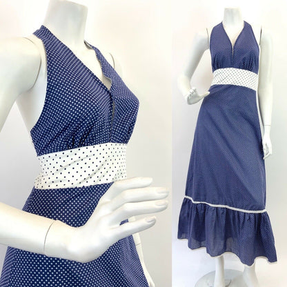 VINTAGE 60s 70s BLUE WHITE POLKA-DOT MOD HALTER RUFFLED MAXI DRESS 8