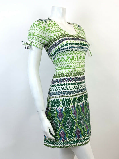 VINTAGE 60s 70s WHITE GREEN BLUE GEOMETRIC AZTEC STRIPED MOD MINI DRESS 8 10