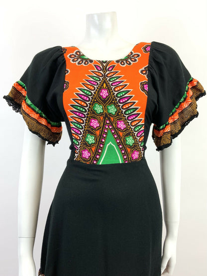 VINTAGE 60s 70s BLACK ORANGE GREEN FLORAL BOHO FOLK RUFFLED MIDI DRESS 12 14