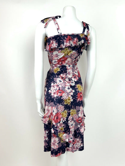 VTG 60s 70s FLORAL BLUE PINK YELLOW RUFFLE SUMMER SUNDRESS 10