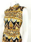 VINTAGE 60s 70s BROWN BRONZE GOLD BLACK WHITE AZTEC GEOMETRIC DRESS 12 14 16