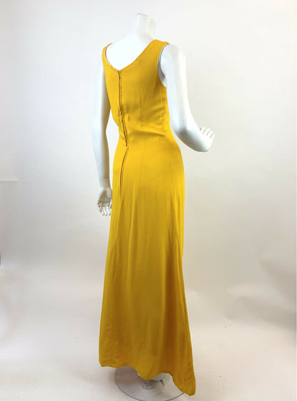 VTG 60s 70s SUNSHINE YELLOW SILVER FLOWER POWER EMPIRE LINE MOD MAXI DRESS 4 6