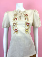 VTG 60s 70s CREAM YELLOW ORANGE FLORAL VINE HEART EMBROIDERED BOHO BLOUSE 10 12