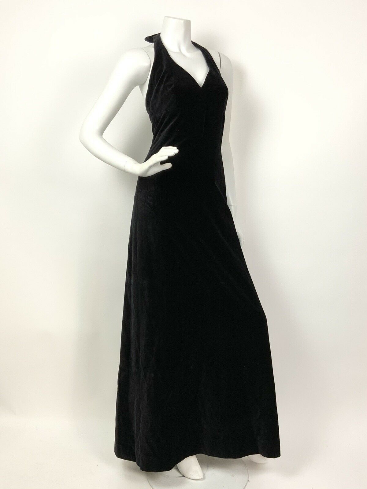 VINTAGE 60s 70s BLACK VELVET BOW GLAM STUDIO 54 HALTER-NECK MAXI DRESS 6