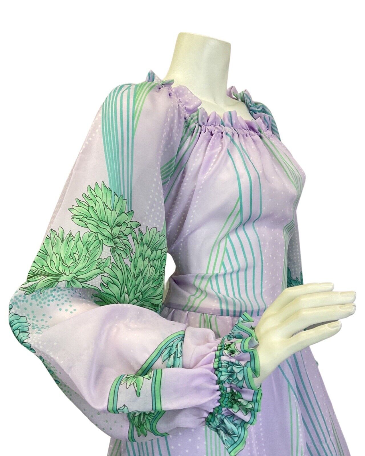 VINTAGE 60s 70s LILAC GREEN BLUE FLORAL BOHO PRAIRIE SUMMER MAXI DRESS 10 12