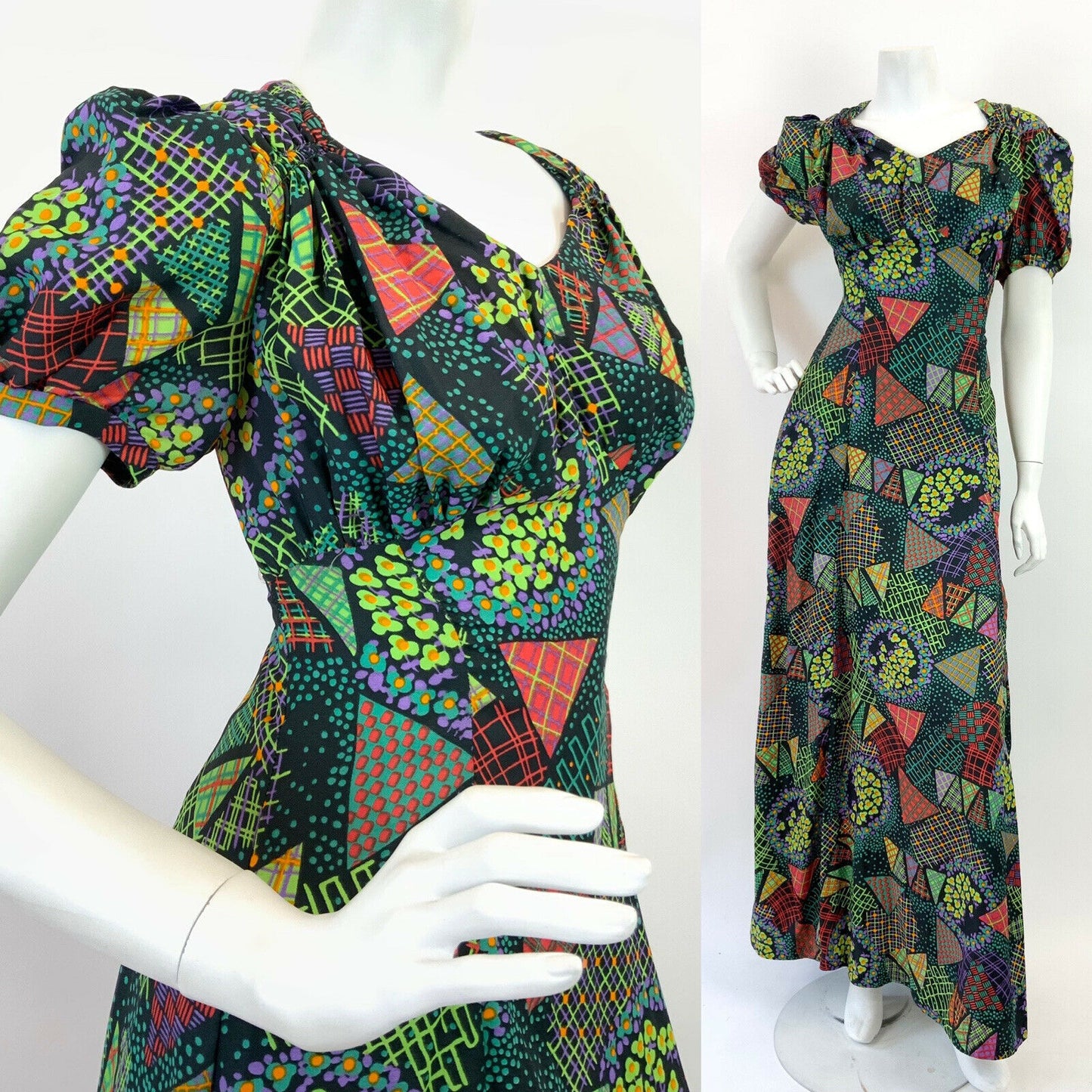 VINTAGE 60s 70s BLACK GREEN PURPLE PATCHWORK DAISY PSYCHEDELIC MAXI DRESS 10 12