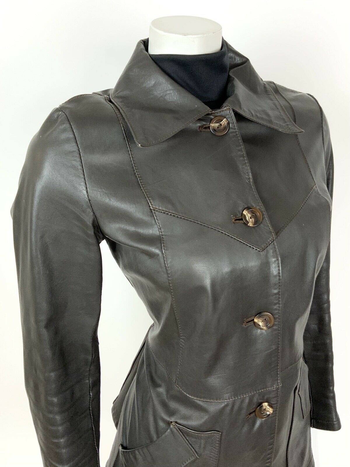 VINTAGE 60s 70s DARK BROWN DAGGER COLLAR MOD NORTHERN SOUL LEATHER JACKET 10 12