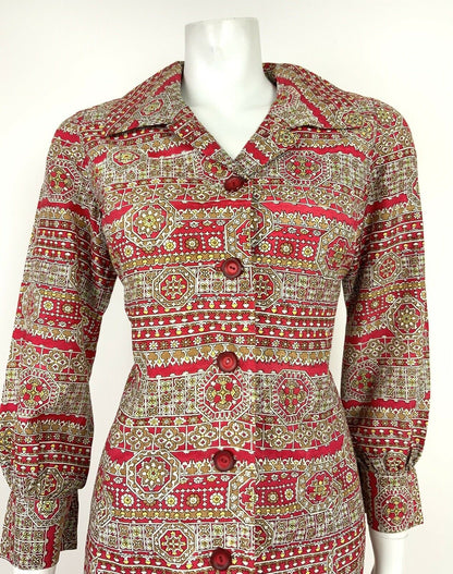 VINTAGE 60s 70s RED BEIGE YELLOW WHITE FLORAL GEOMETRIC SHIRT DRESS 12