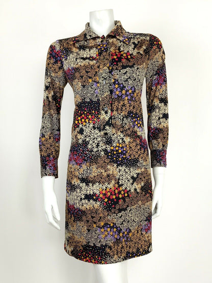 VTG 60s 70s BLACK PURPLE RED YELLOW PSYCHEDELIC FLORAL STAR SHIRT DRESS 12 14