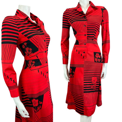 VINTAGE 60s 70s RED BLACK ABSTRACT PRINT MIDI MOD BOHO DISCO PARTY DRESS 8 10