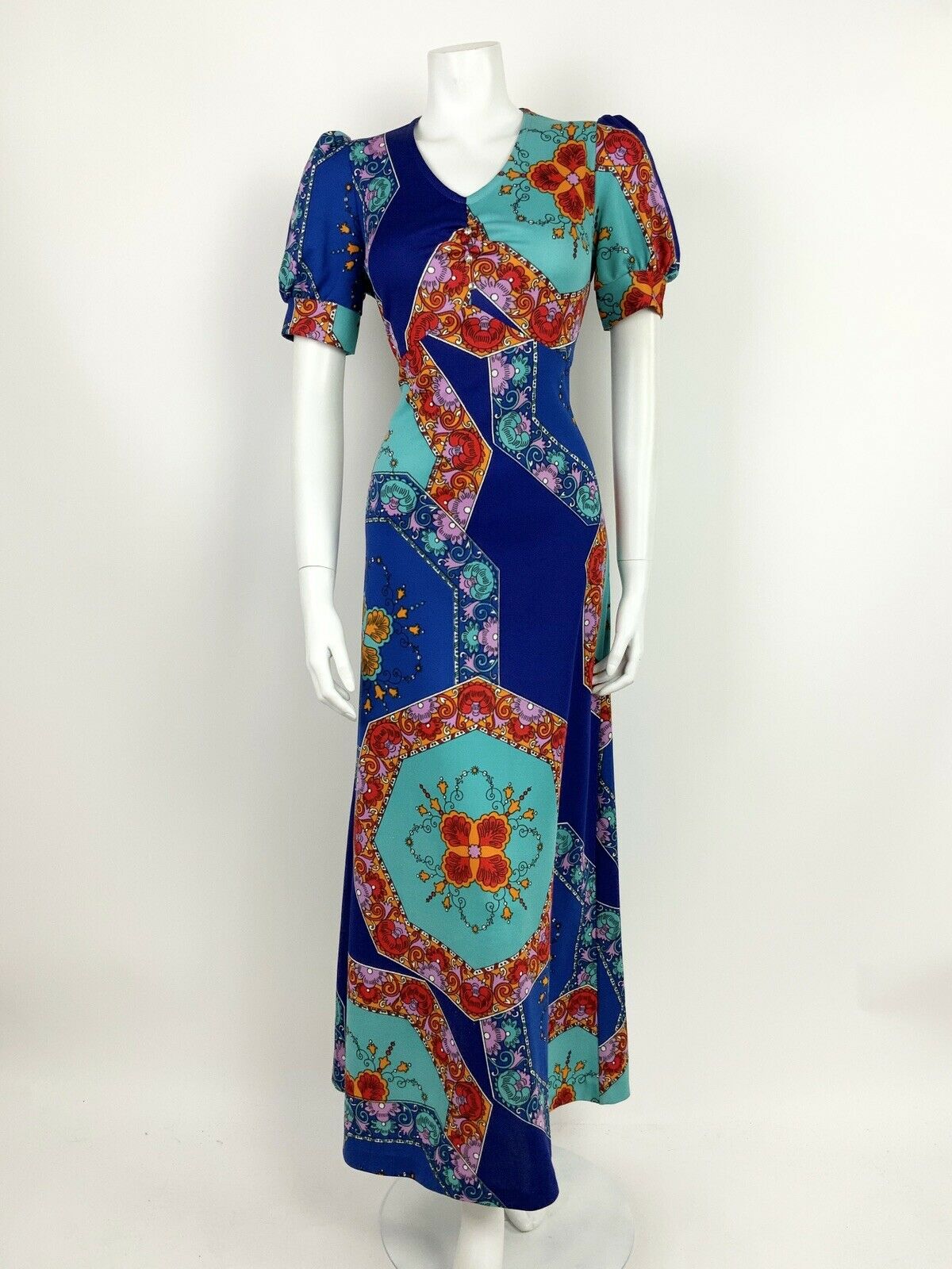 VTG 60s 70s BLUE TEAL LILAC RED ORANGE GYPSY FOLK FLORAL PSYCH  MAXI DRESS 12