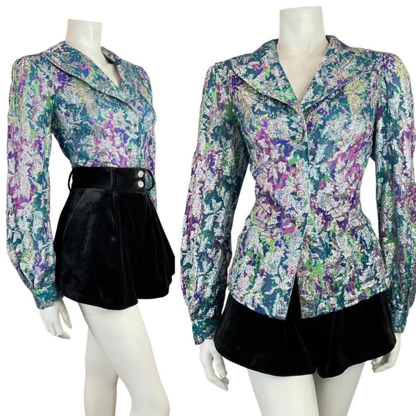 VINTAGE 60s 70s BLUE PURPLE SILVER PSYCHEDELIC FLORAL DISCO LUREX BLOUSE 14 16