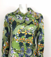 VINTAGE 70s ABSTRACT PSYCHEDELIC SHIRT DRESS GREEN PURPLE YELLOW SWIRL 12 14