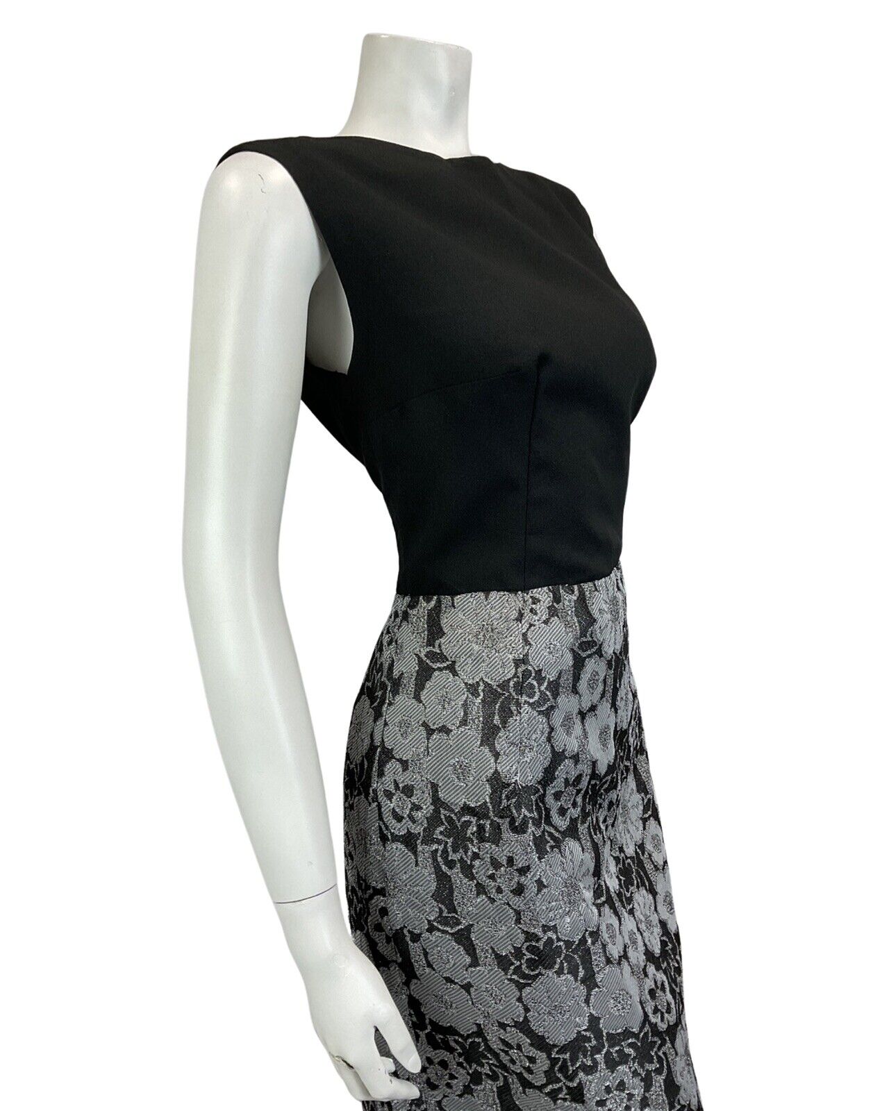 VINTAGE 60s 70s BLACK SILVER FLORAL MOD MIDI PARTY CHRISTMAS EVENING DRESS 16