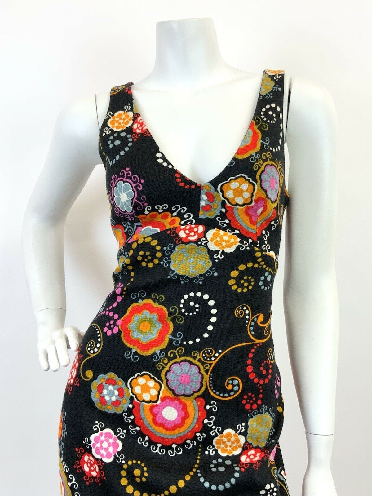 VTG 60s 70s BLACK PINK ORANGE RED PSYCHEDELIC FLORAL DOTTY EMPIRE MAXI DRESS 8