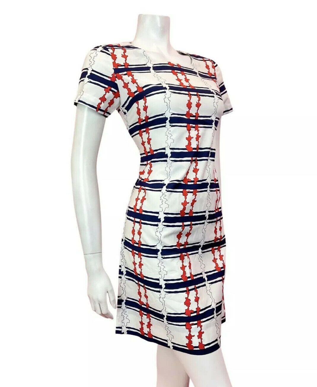 VINTAGE 60s 70s WHITE RED BLUE STRIPED MOD SCOOTER SHIFT MINI DRESS 8 10