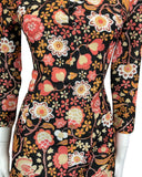 VTG 60s 70s BLACK ORANG BROWN FLORAL PSYCHEDELIC BOHO LACE UP HIPPIE BLOUSE 10