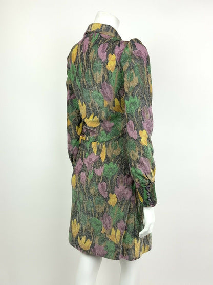 VINTAGE 60s 70s BLACK GREEN YELLOW PURPLE FLORAL SILVER GLITTER SHIRT DRESS 8 10