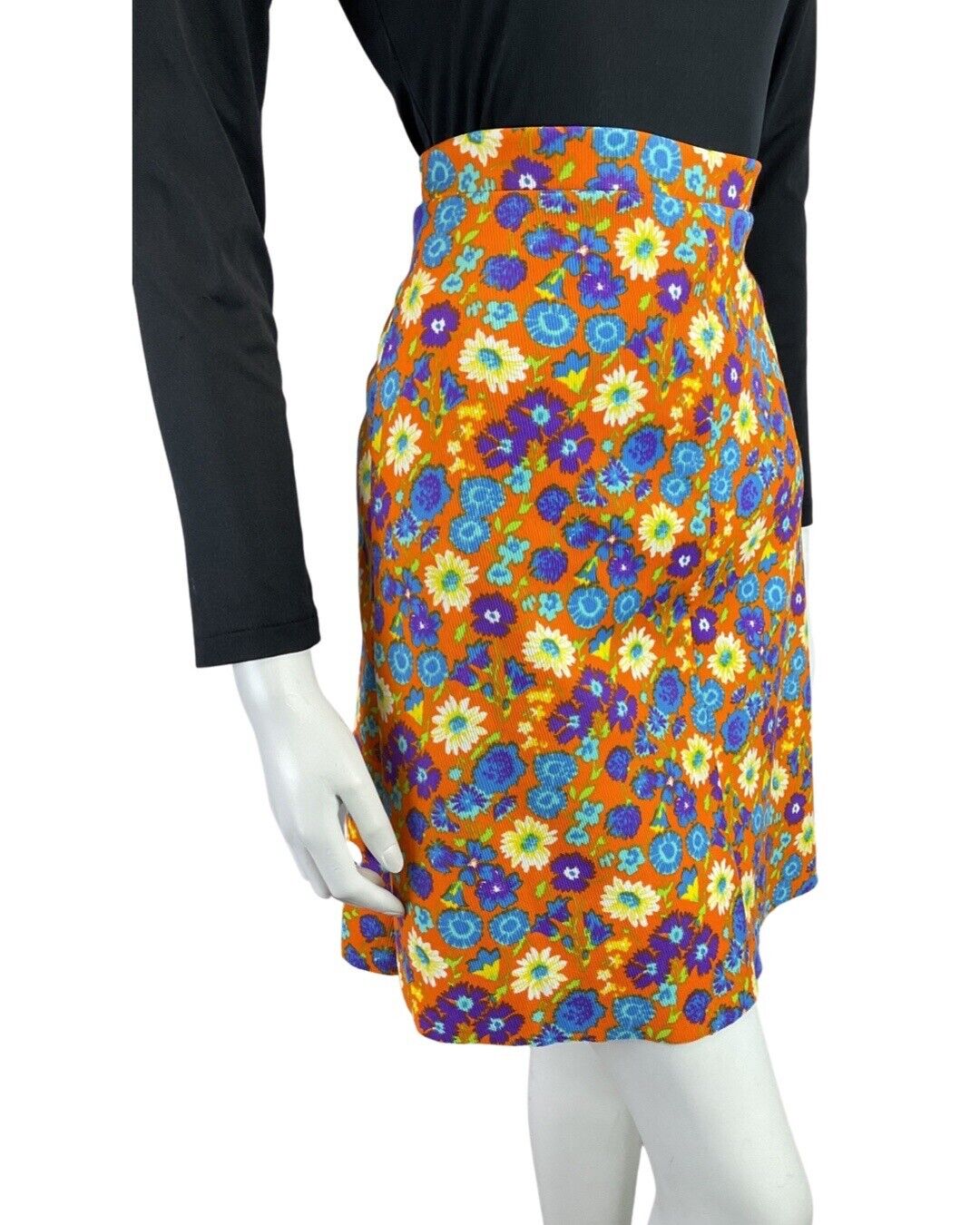 VINTAGE 60s 90s ORANGE BLUE PURPLE DAISY FLOWER MOD RIBBED SHORT SKIRT 8 10