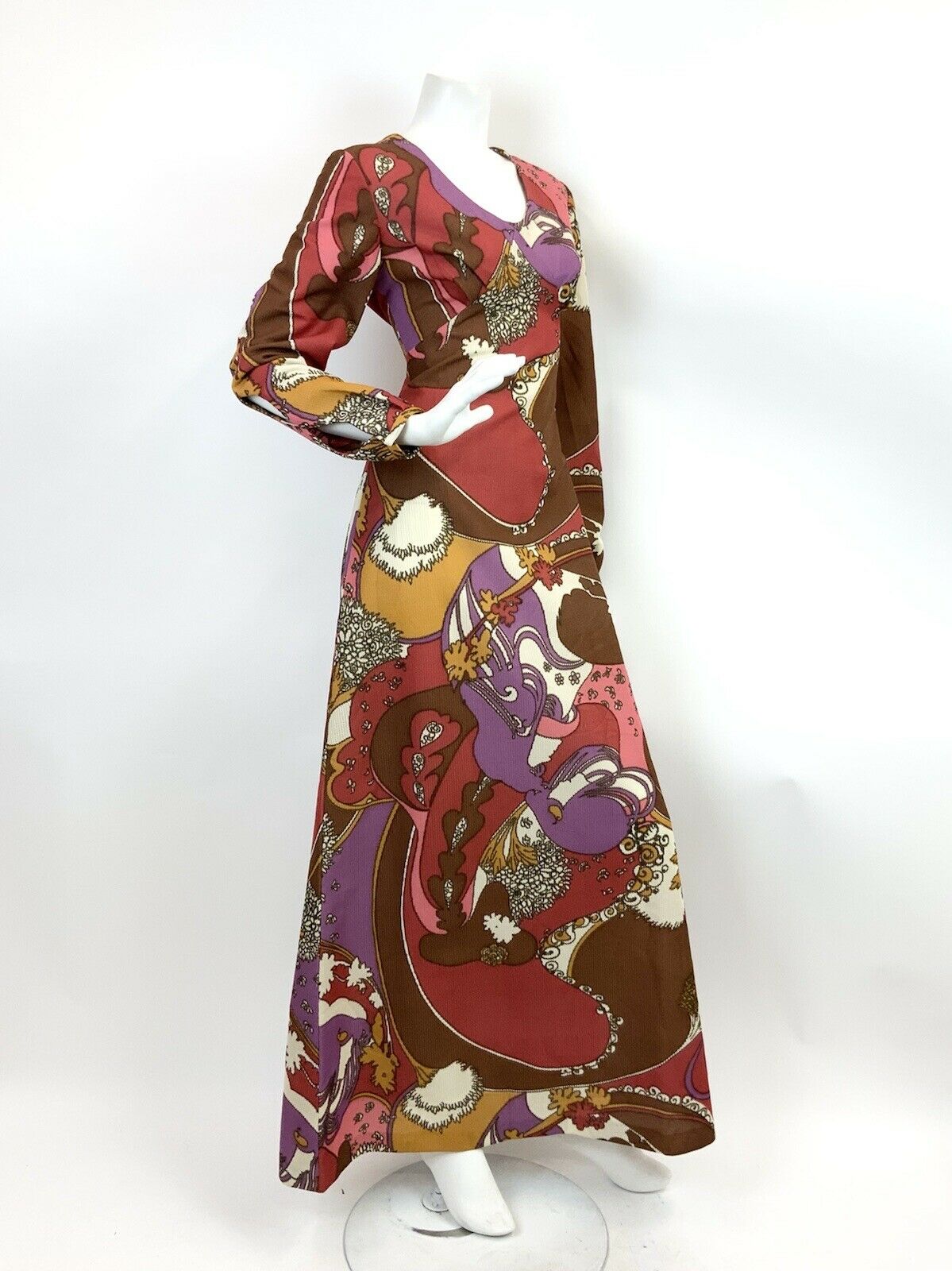 VINTAGE 60s 70s BROWN RED PINK PSYCHEDELIC SWIRL FLORAL MOD MAXI DRESS 10 12