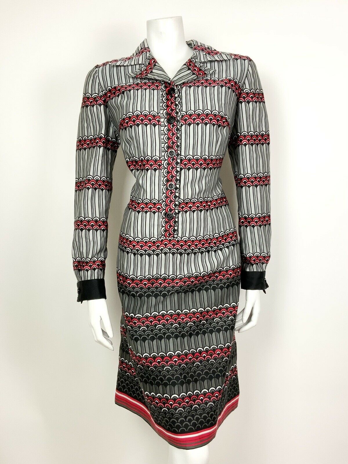 VINTAGE 60s 70s SILVER PINK RED BLACK STRIPED SCALES SHIRT SHIFT DRESS 12 14