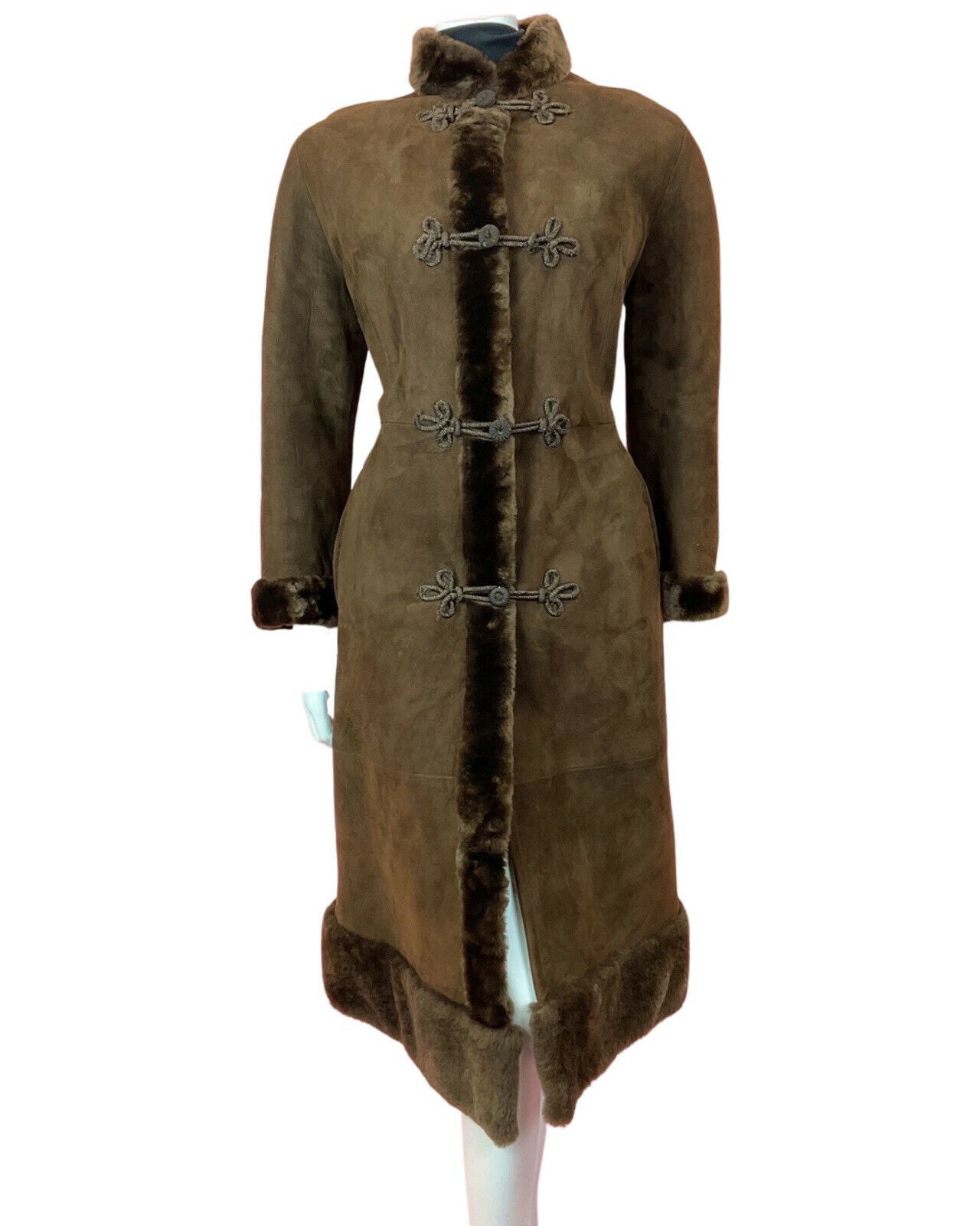 VINTAGE 60s 70s DARK BROWN SUEDE BROCADE DR ZHIVAGO SHEARLING LONG COAT 12 14