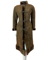 VINTAGE 60s 70s DARK BROWN SUEDE BROCADE DR ZHIVAGO SHEARLING LONG COAT 12 14