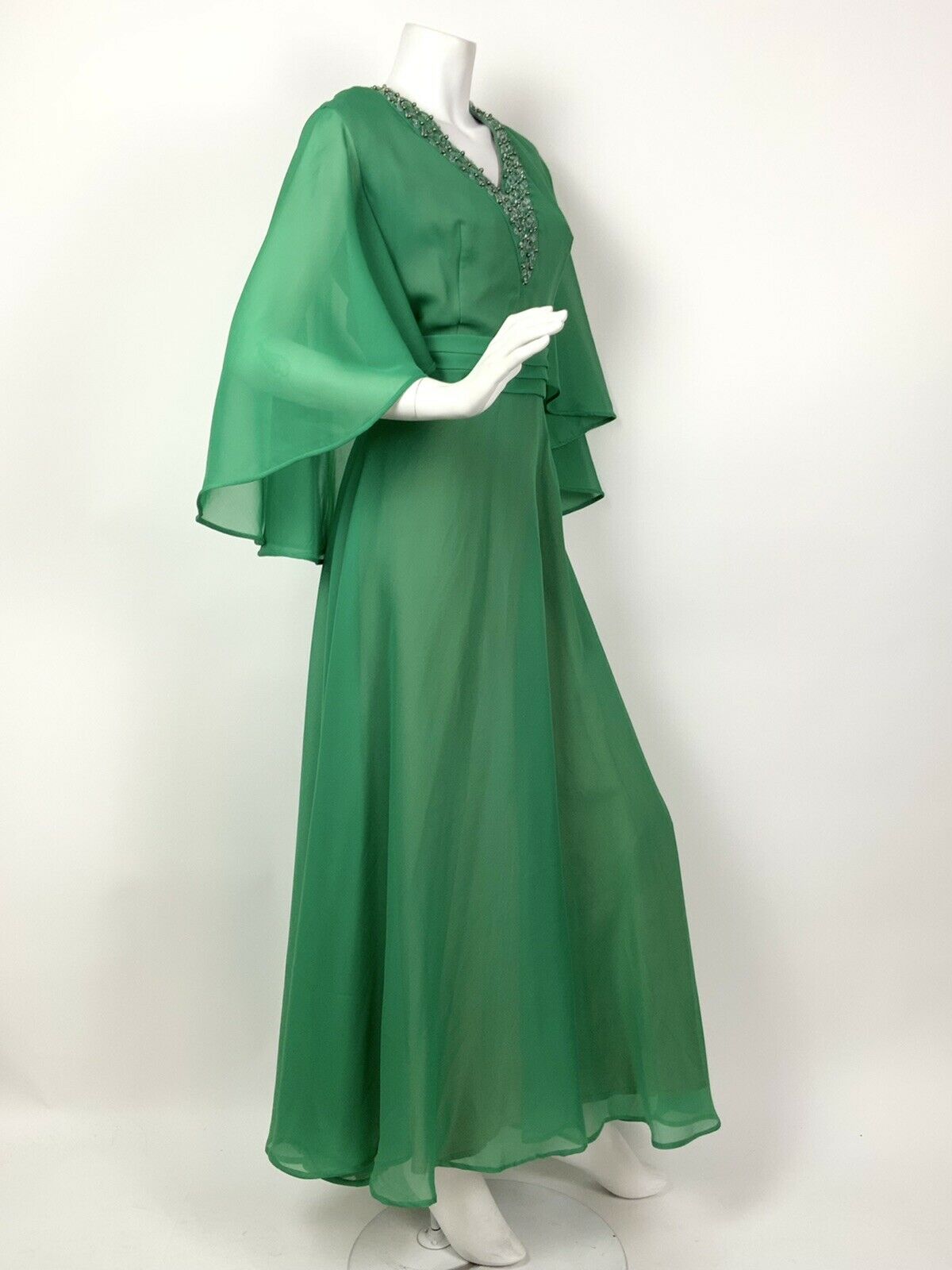 VINTAGE 60s 70s GREEN SILVER IRIDESCENT SEQUIN BEADED CAPED SHEER MAXI DRESS 12