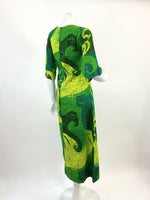 VINTAGE 60s 70s GREEN YELLOW HAWAIIAN PSYCHEDELIC SWIRLING MOD MAXI DRESS 8 10