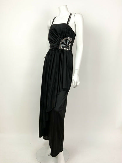 VINTAGE 60s 70s BLACK SILVER SEQUIN COCKTAIL PARTY DECO STRAPPY MAXI DRESS 6