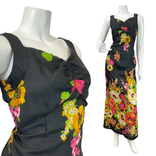 VINTAGE 70s BLACK PINK GREEN FLORAL POPPY SWEETHEART SLEEVELESS MAXI DRESS 10 12