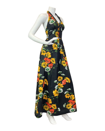 VINTAGE 60s 70s BLACK RED YELLOW POPPY DAISY FLOWER HALTER MAXI DRESS 4