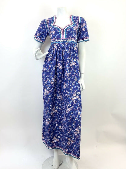 VTG 60s 70s PURPLE BLUE PINK WHITE RICRAC FLORAL PRAIRIE BOHO FOLK MAXI DRESS 10