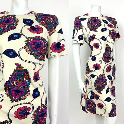 VTG 60s 70s CREAM PINK PURPLE BLUE FLORAL PAISLEY PSYCHEDELIC SHIFT DRESS 12 14